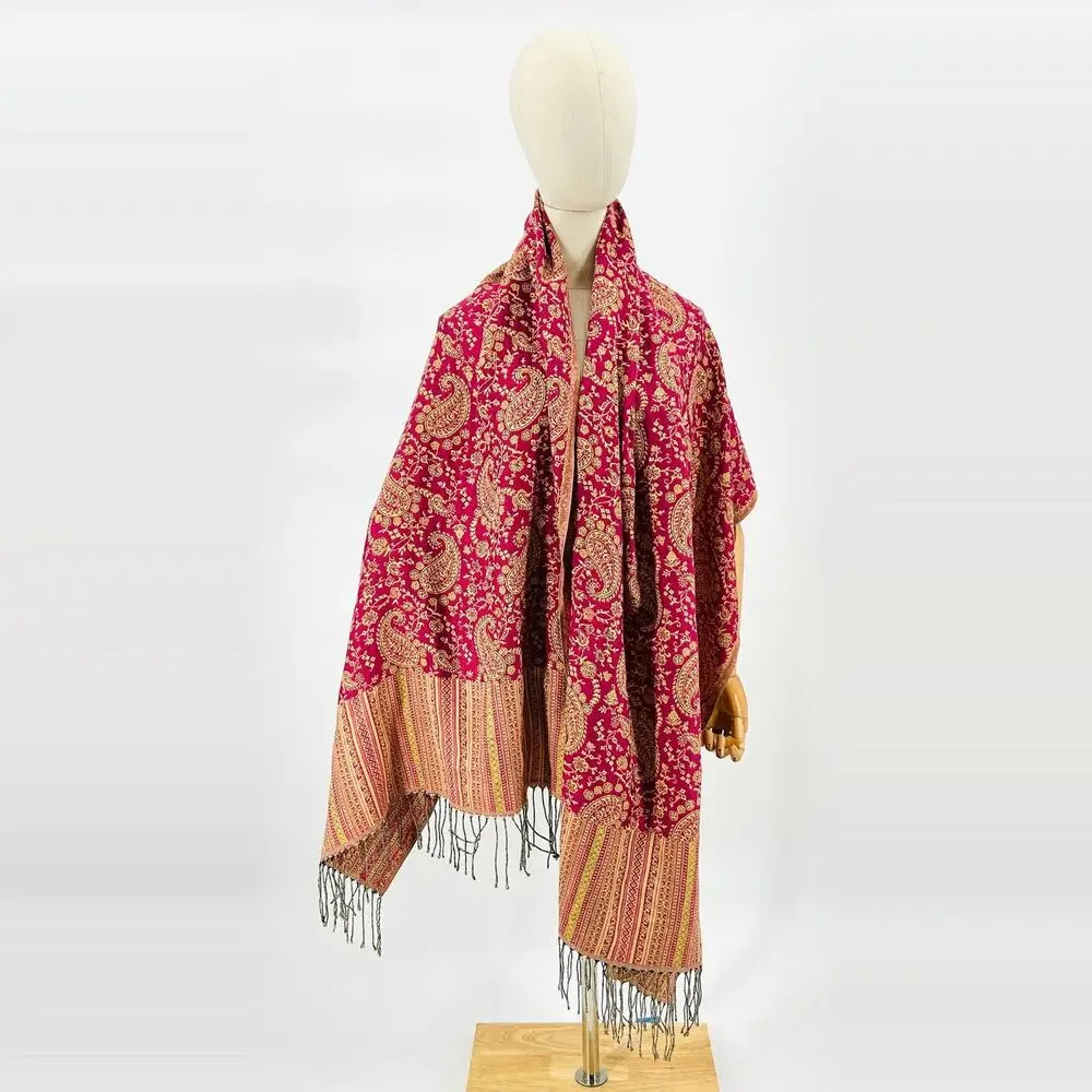 Pashmina Pink Yellow Paisley Turkish Woven Fringe Oversized Shawl Wrap